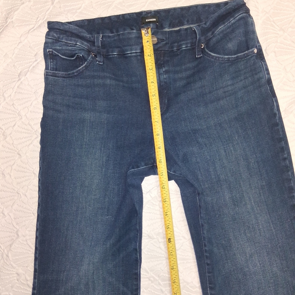 Express Dark Blue Flare Jeans Size L Flare Mio Rise Ultra Hyper Stretch - Picture 14 of 16
